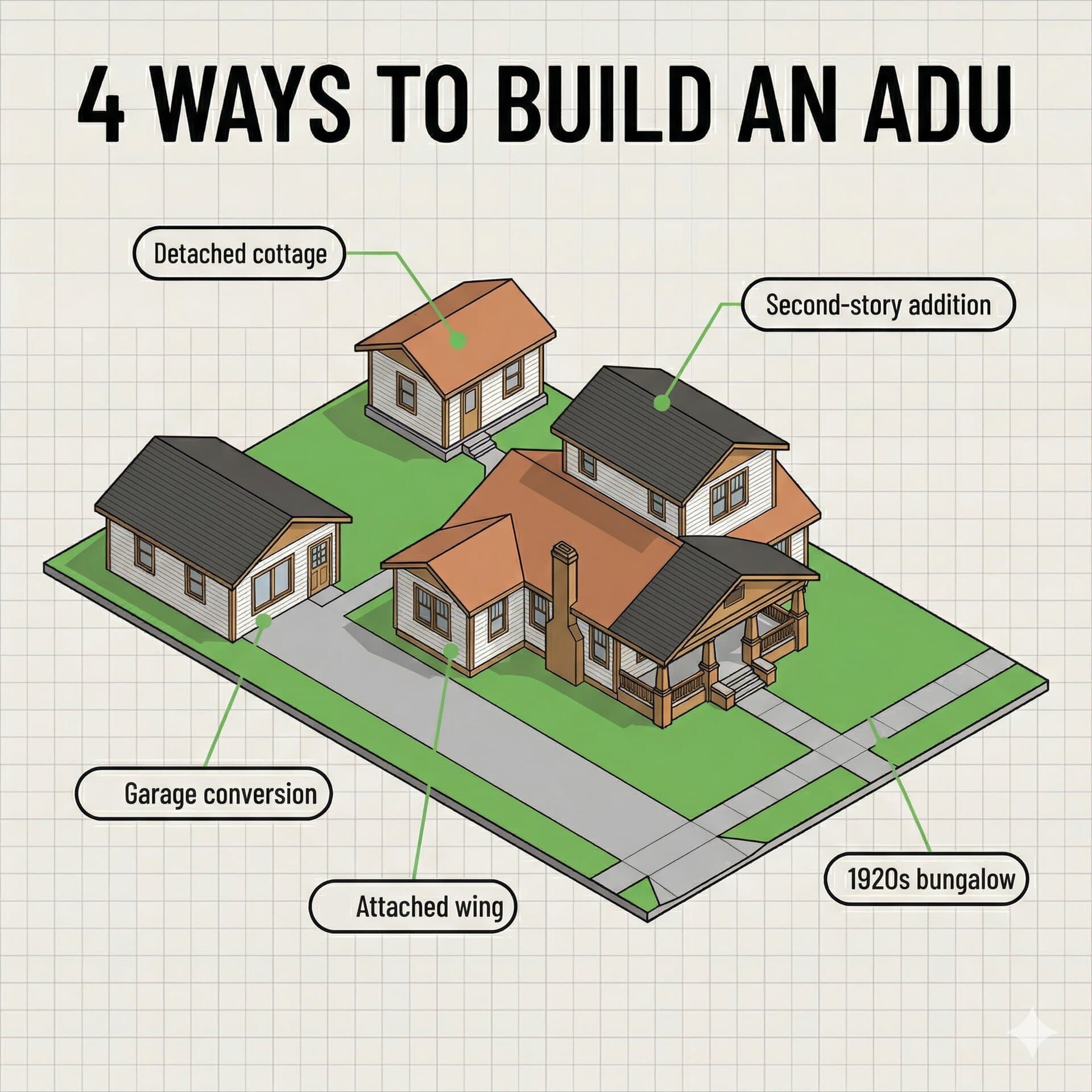 Isometric illustration showing the four ways to build an ADU in St. Petersburg: detached backyard cottage, attached wing addition, garage conversion, and second-story addition