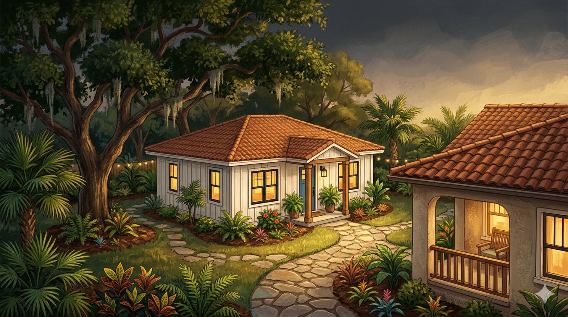 Detached backyard ADU behind a St. Pete bungalow with impact windows and landscaped path