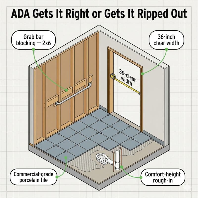 Commercial bathroom with ADA-compliant grab bars, accessible fixtures, and proper clearances meeting 2010 ADA Standards