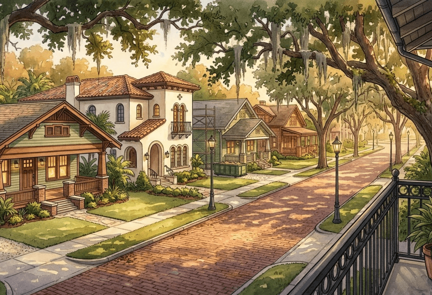 Historic neighborhood street in St. Petersburg showing Mediterranean Revival and Craftsman homes