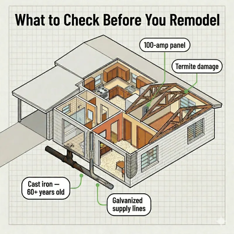 Isometric cutaway of a 1960s Florida ranch home showing hidden remodel issues — cast iron pipes, galvanized supply lines, 100-amp panel, termite damage