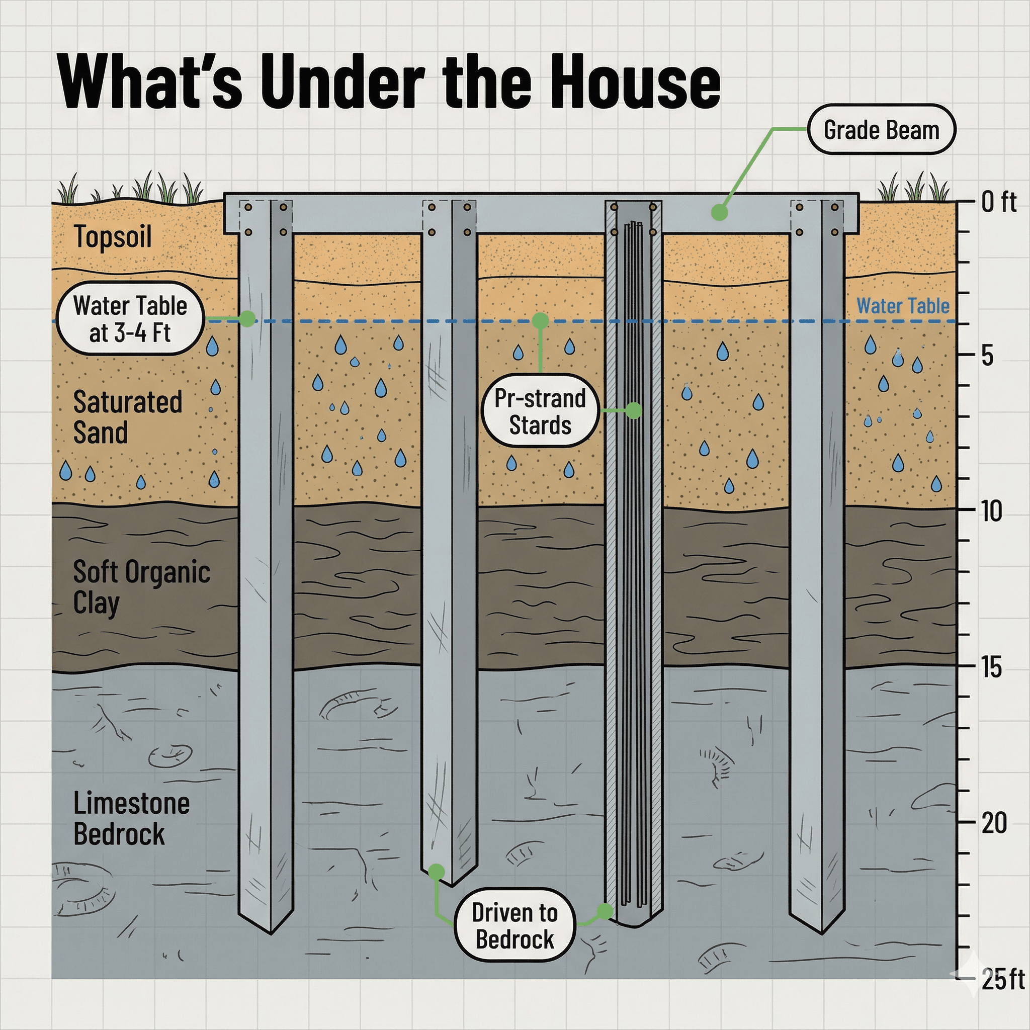 Exploded view illustration of an elevated Florida home foundation showing pilings, grade beams, and subfloor layers
