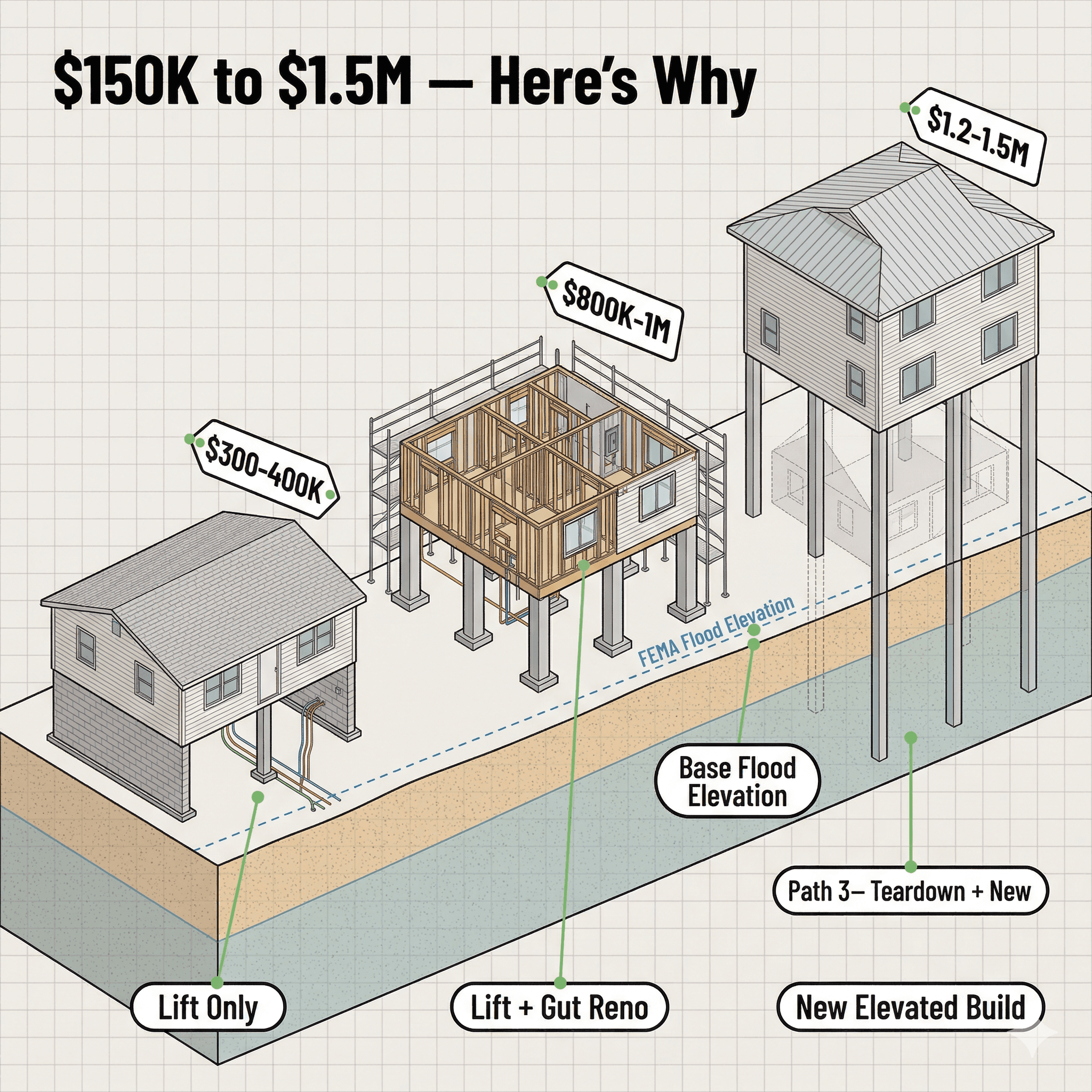 Illustrated breakdown showing house elevation costs in Florida ranging from $150K to $1.5M depending on the path chosen