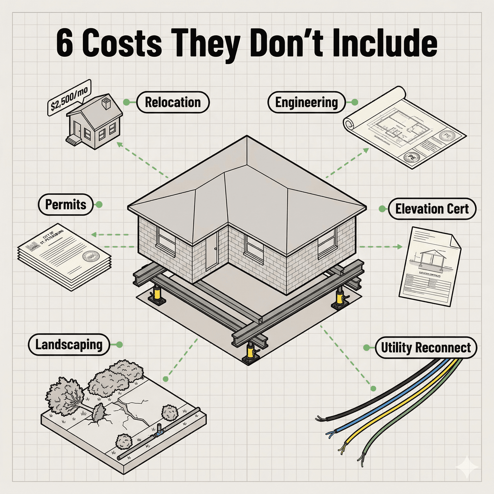Illustration showing 6 hidden costs in a house elevation project that most contractors leave off the estimate