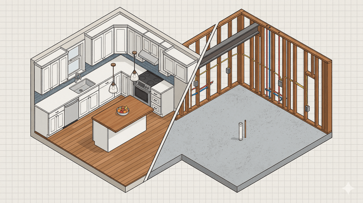 Kitchen renovation split view showing finished kitchen on left and rough-in construction on right