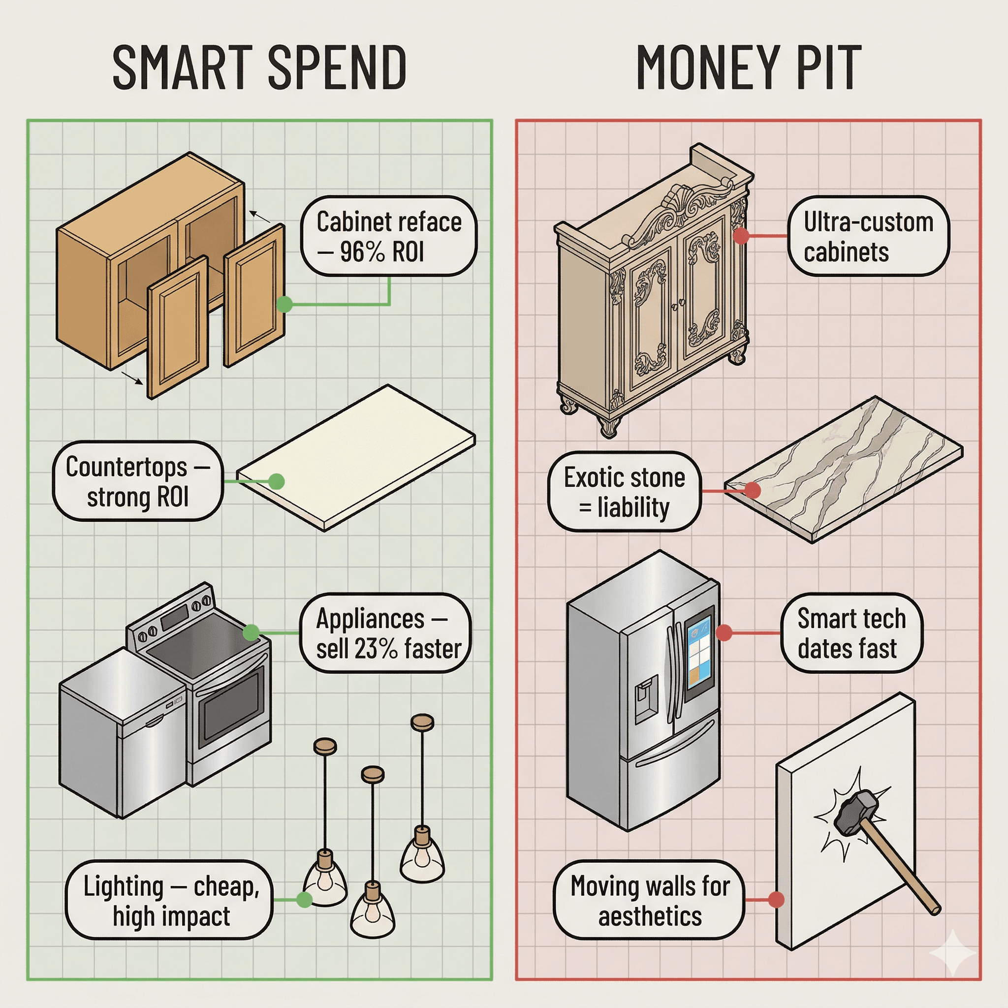 Infographic comparing smart kitchen spend versus money pit upgrades and their ROI