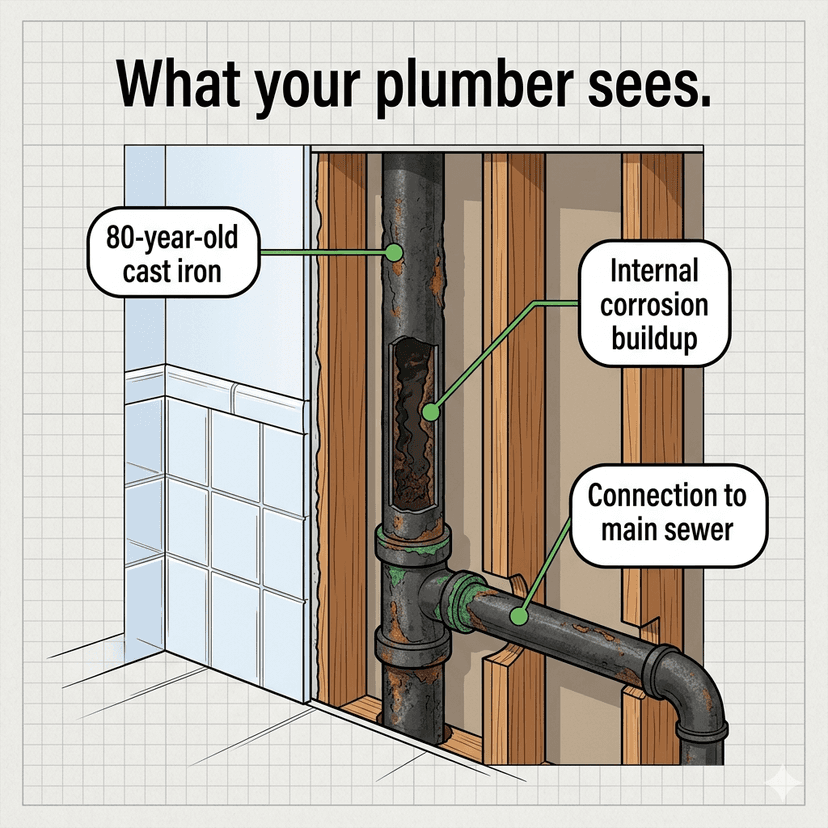What your plumber sees: cross-section of bathroom wall showing 80-year-old cast iron drain with internal corrosion buildup