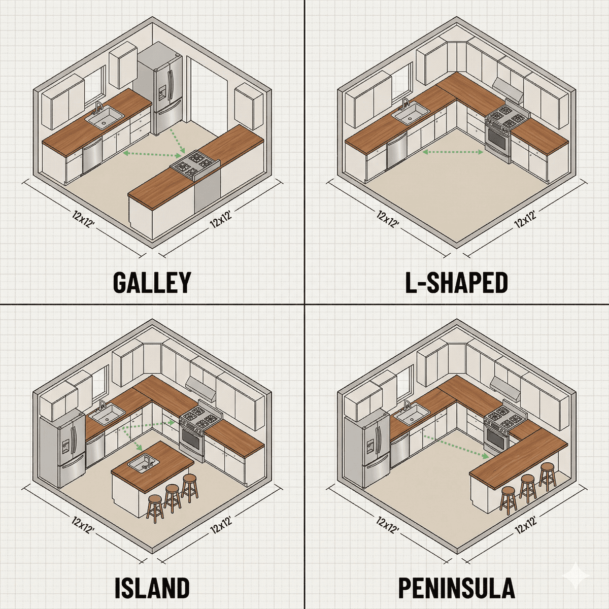 Four kitchen layout types compared: galley, L-shaped, island, and peninsula
