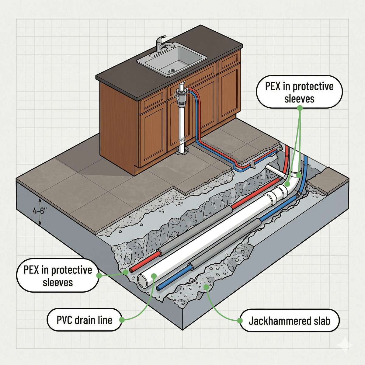 Cutaway showing PEX supply lines and PVC drain in jackhammered concrete slab under kitchen island