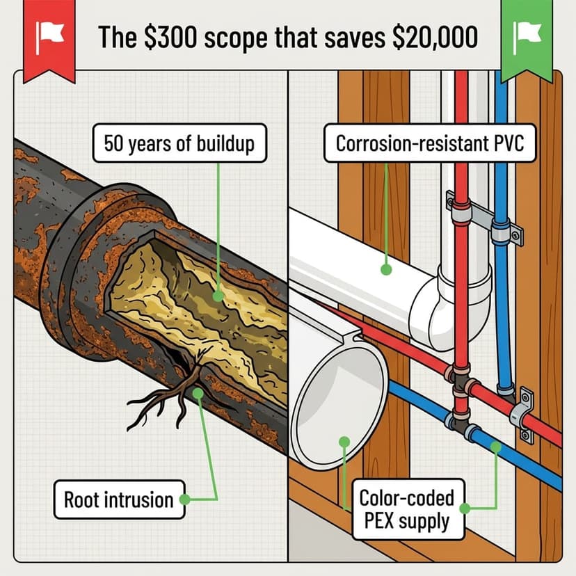 The $300 scope that saves $20,000: corroded cast iron pipe with 50 years of buildup compared to clean corrosion-resistant PVC and color-coded PEX supply lines