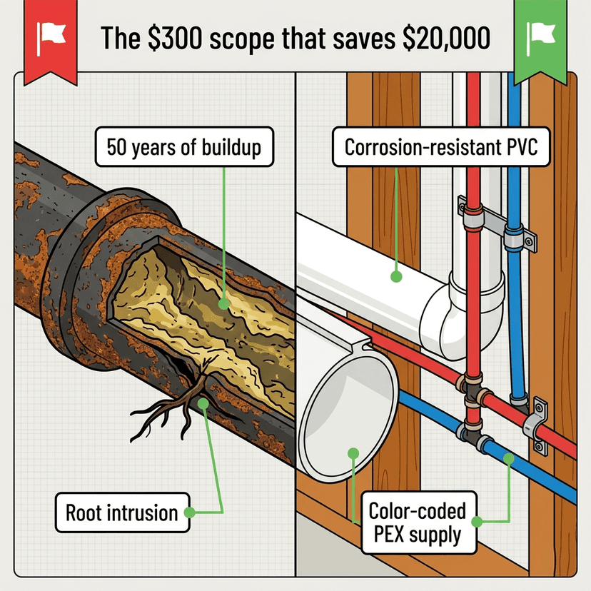 The $300 scope that saves $20,000: corroded cast iron pipe with 50 years of buildup compared to clean corrosion-resistant PVC and color-coded PEX supply lines