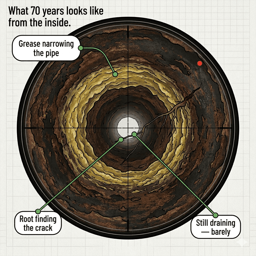 What 70 years looks like from the inside: camera scope view of cast iron pipe interior showing grease narrowing the pipe, root intrusion, and barely draining opening