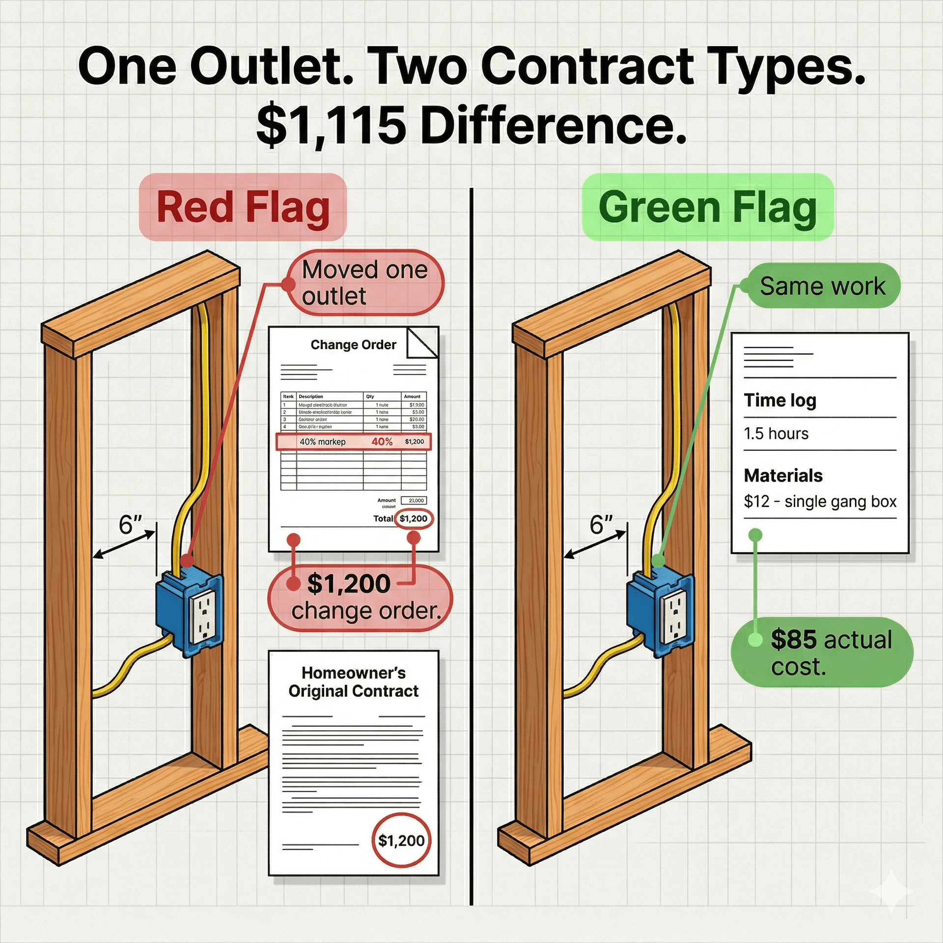 Red flag green flag comparison showing a $1,200 change order for moving one outlet under fixed-price versus $85 actual cost under time and materials