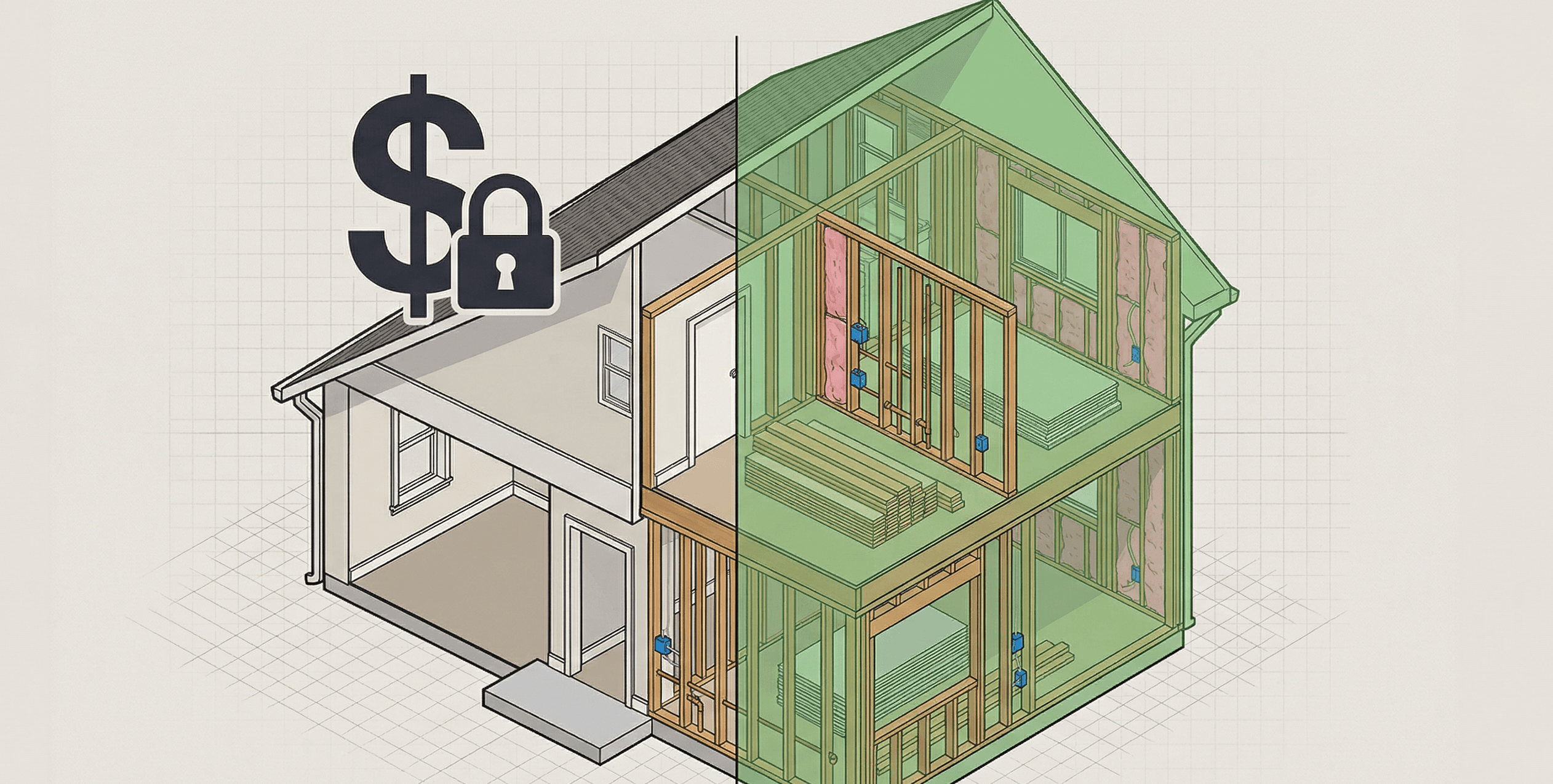 Cutaway isometric illustration comparing time and materials itemized invoice versus fixed-price lump sum contract