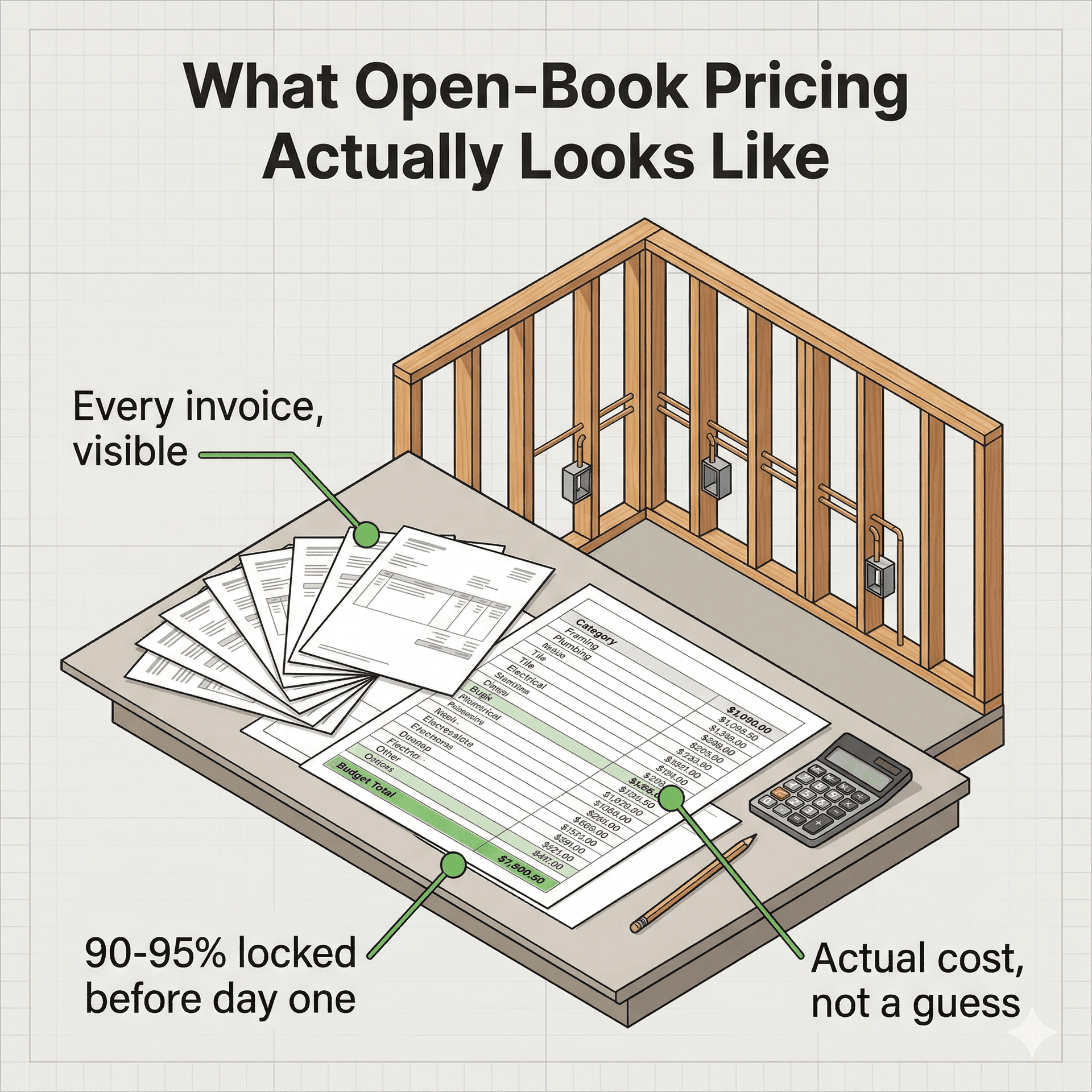 Isometric illustration showing a detailed construction budget with invoices on a jobsite table, demonstrating open-book pricing transparency