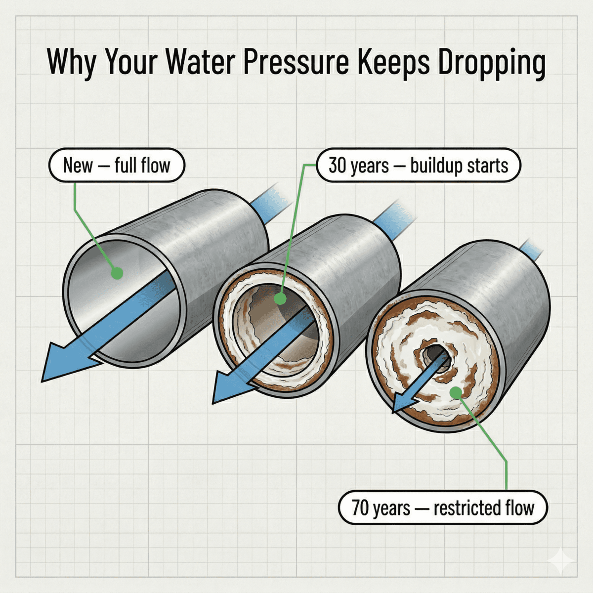 Three galvanized pipe cross-sections showing mineral buildup progression from new to 70 years old