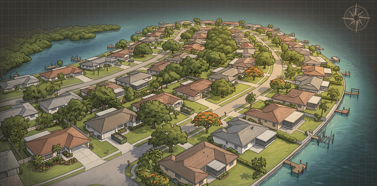 Isometric cutaway of a 1950s Bahama Shores ranch home showing galvanized pipes, 100-amp panel, concrete block walls, and enclosed porch floor mismatch
