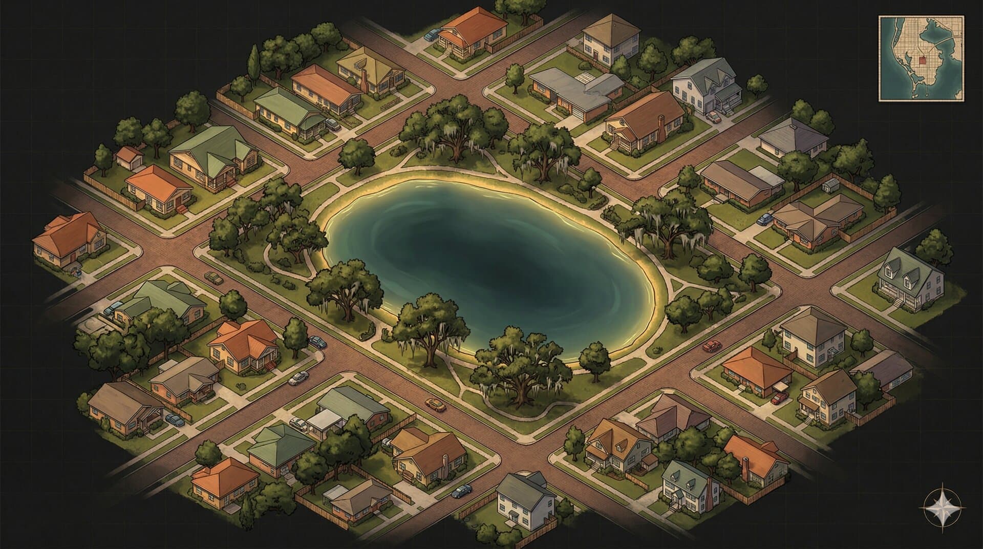 Aerial illustrated map of Crescent Lake neighborhood in St. Petersburg, Florida — dark charcoal background with stylized linework showing the lake and surrounding streets