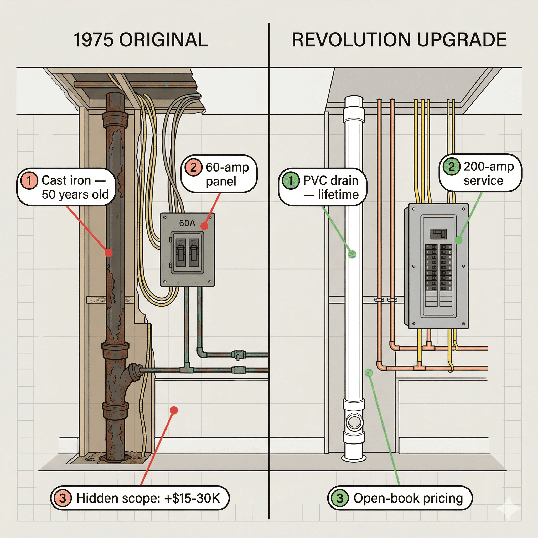 Before and after comparison of a 1975 downtown condo unit upgraded by Revolution Contractors