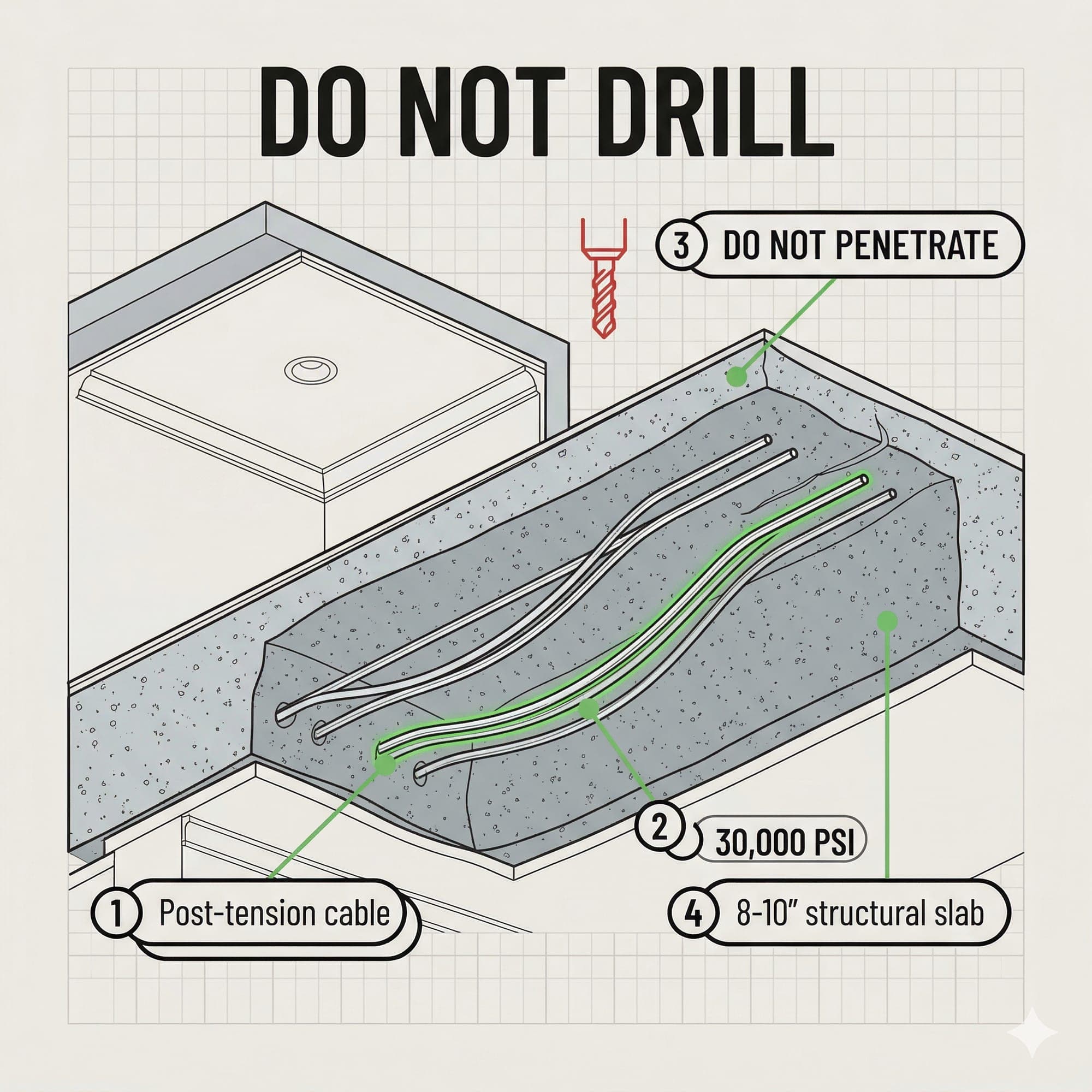 Downtown St. Pete condo construction protection — dust barriers, tape, and do-not-drill zones flagged for common-area compliance