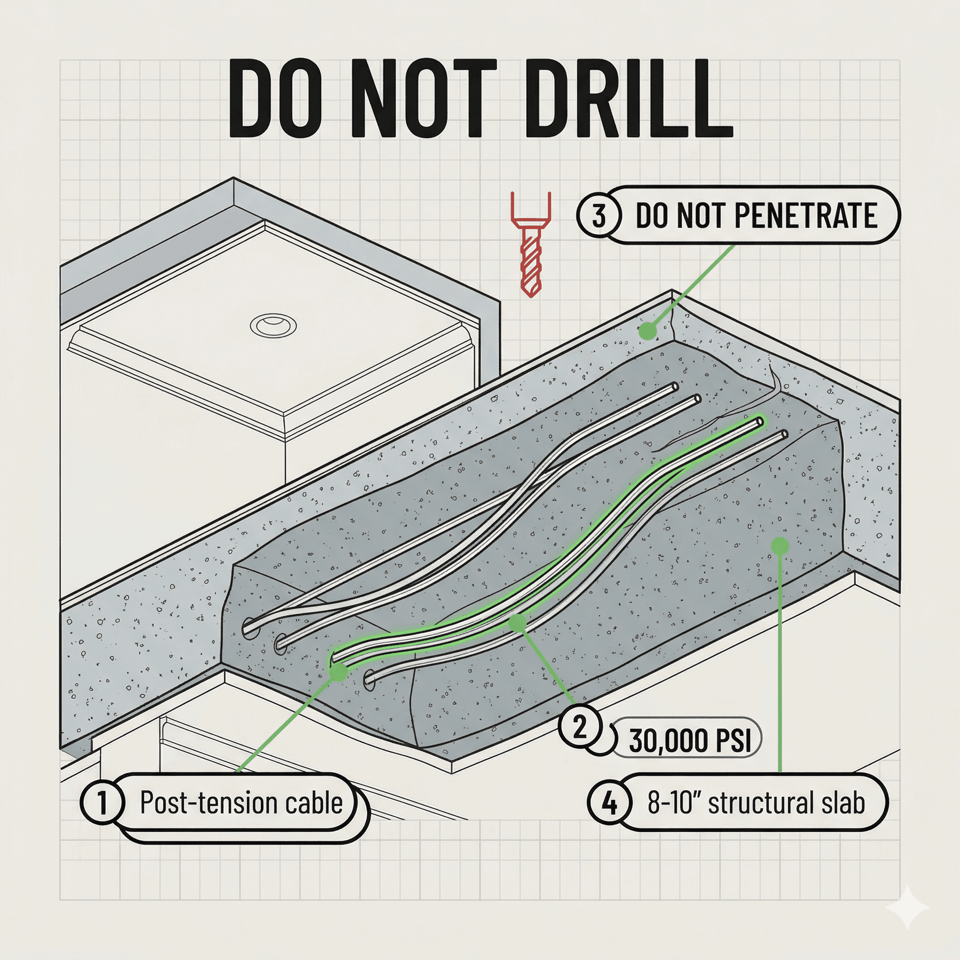 Illustration showing post-tension cable danger in condo ceiling slabs — do not drill without structural engineer sign-off