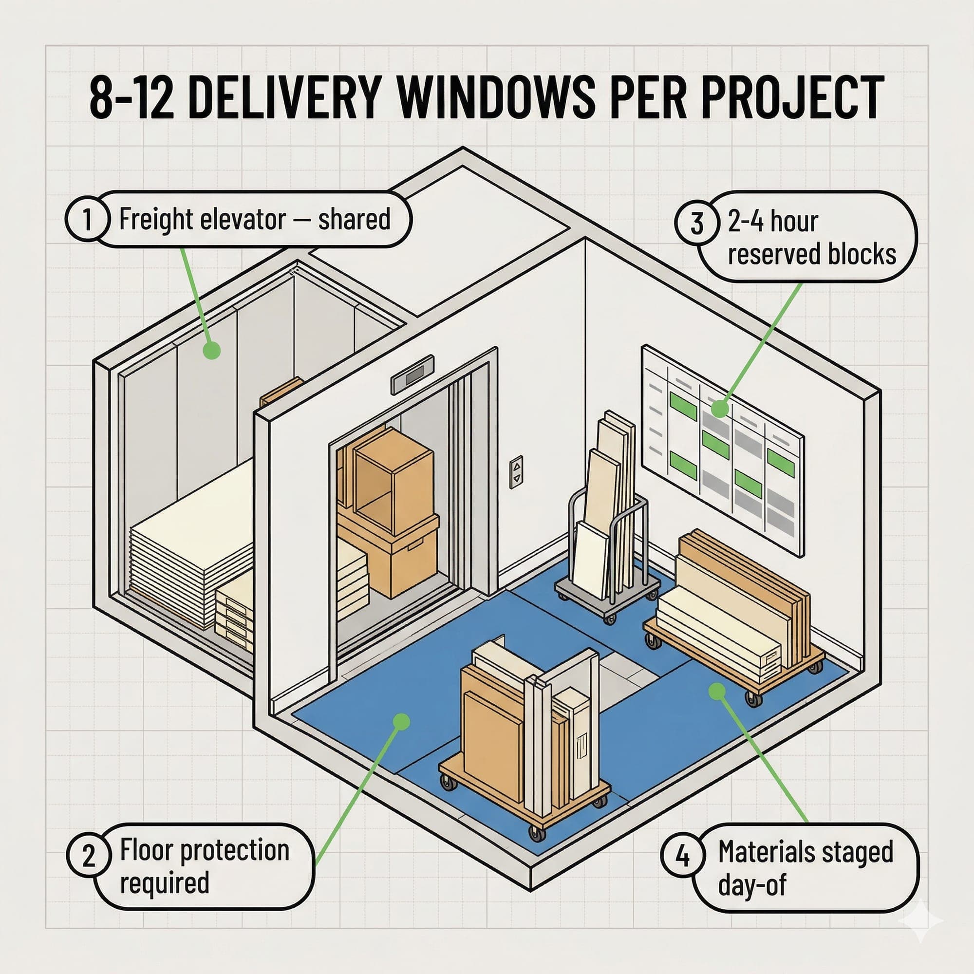 Downtown St. Petersburg high-rise service elevator staging — a generic scene of the logistics constraint every condo remodel in the city runs into