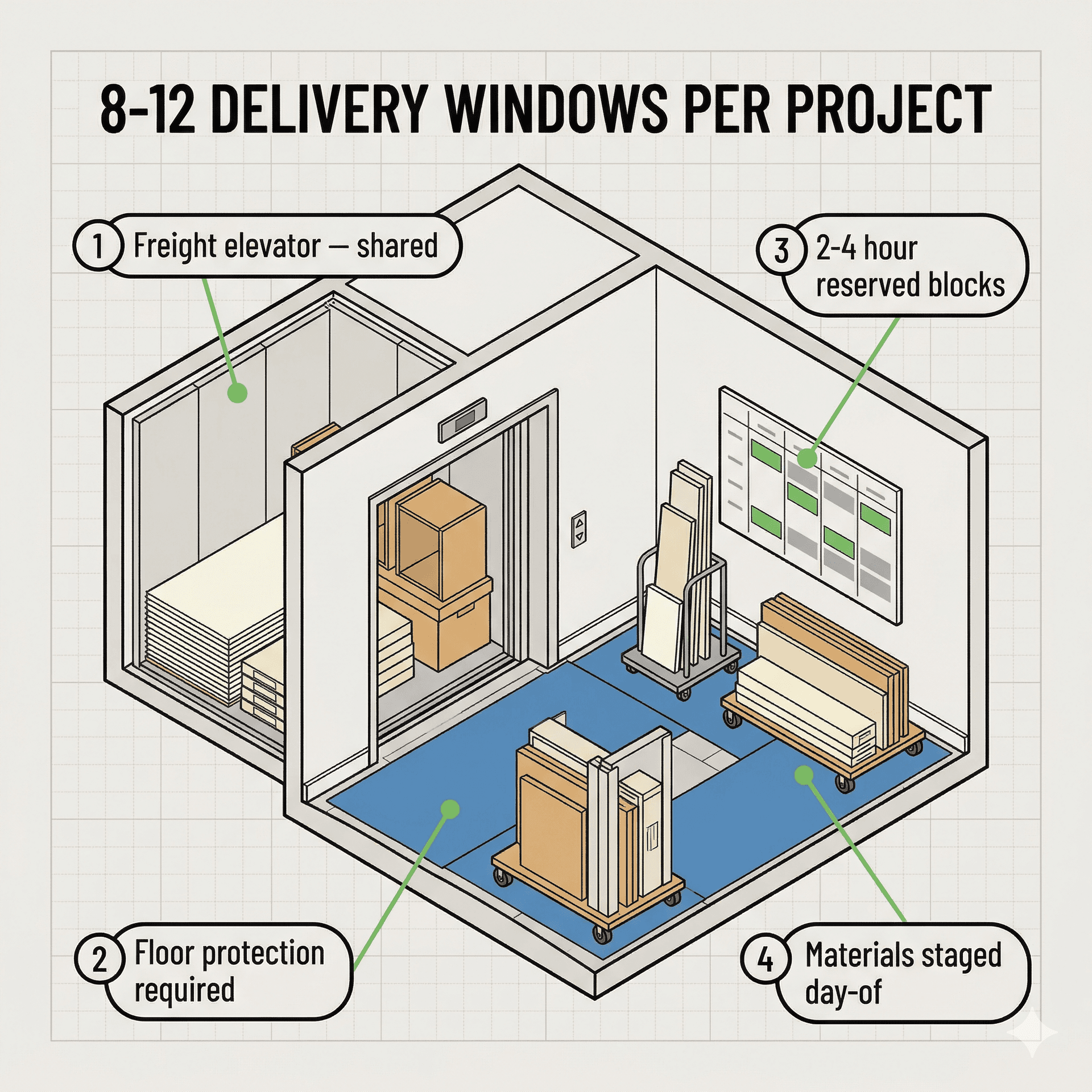 Infographic showing 8-12 elevator delivery windows needed per downtown condo renovation project