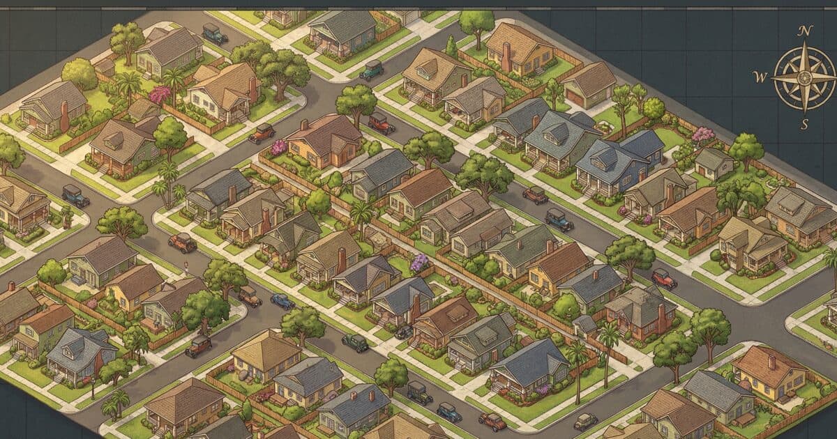 Aerial illustration of Euclid-St. Paul's neighborhood in St. Petersburg showing brick streets, 1920s Craftsman bungalows, mature oak canopy, and St. Paul's Catholic Church