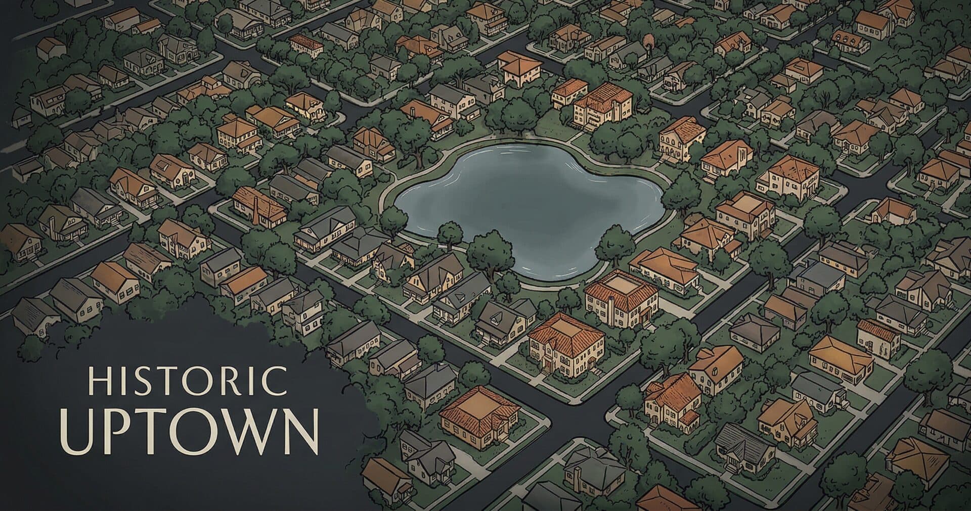 Illustrated aerial view of Historic Uptown St. Petersburg showing Craftsman bungalows north of downtown with mature oak canopy