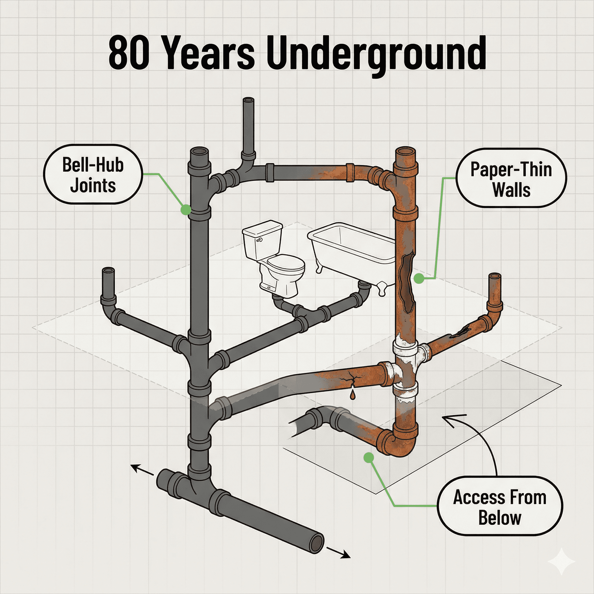 Cast iron plumbing illustration showing 80-year-old corroded pipes under a pier-and-beam bungalow foundation