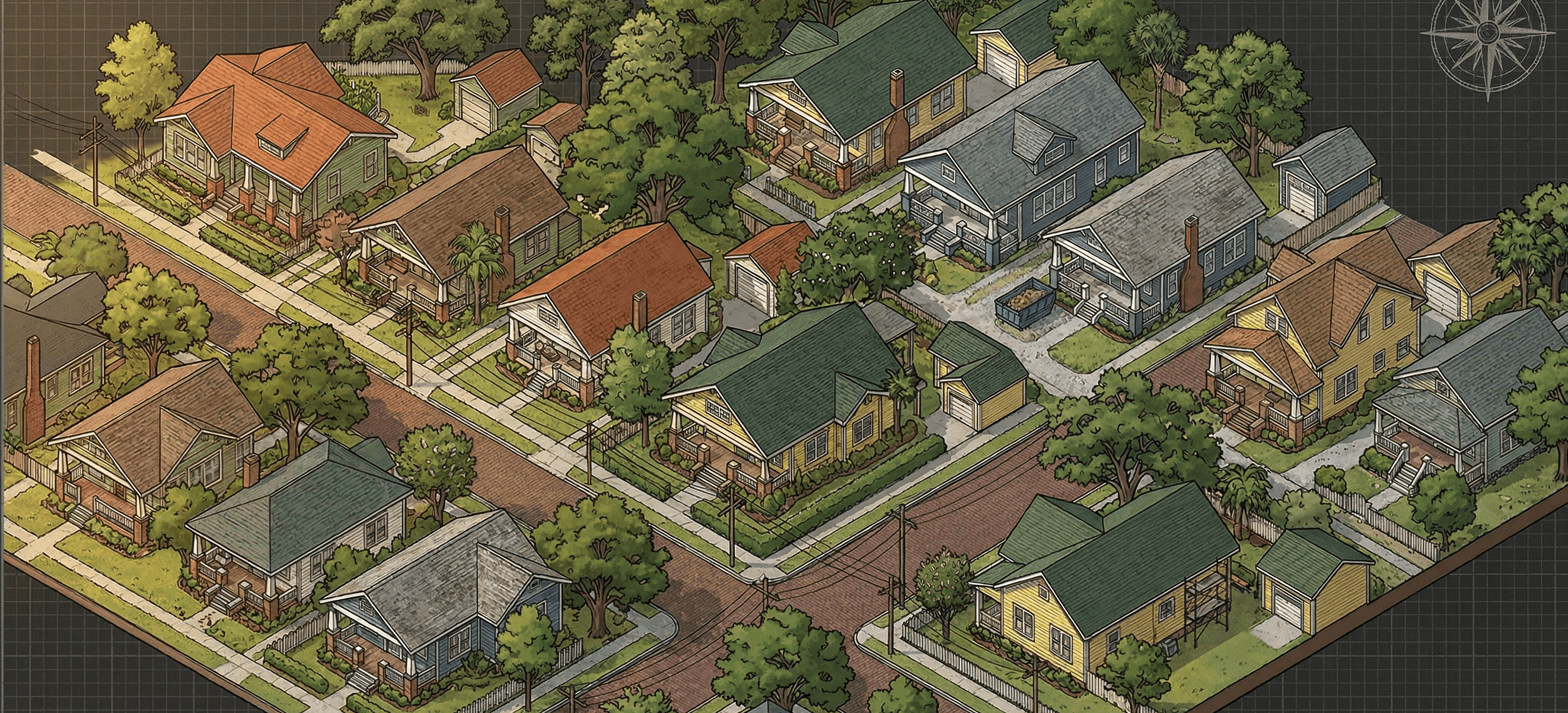 Illustrated aerial view of Historic Kenwood neighborhood in St. Petersburg with Craftsman bungalows and tree-lined streets