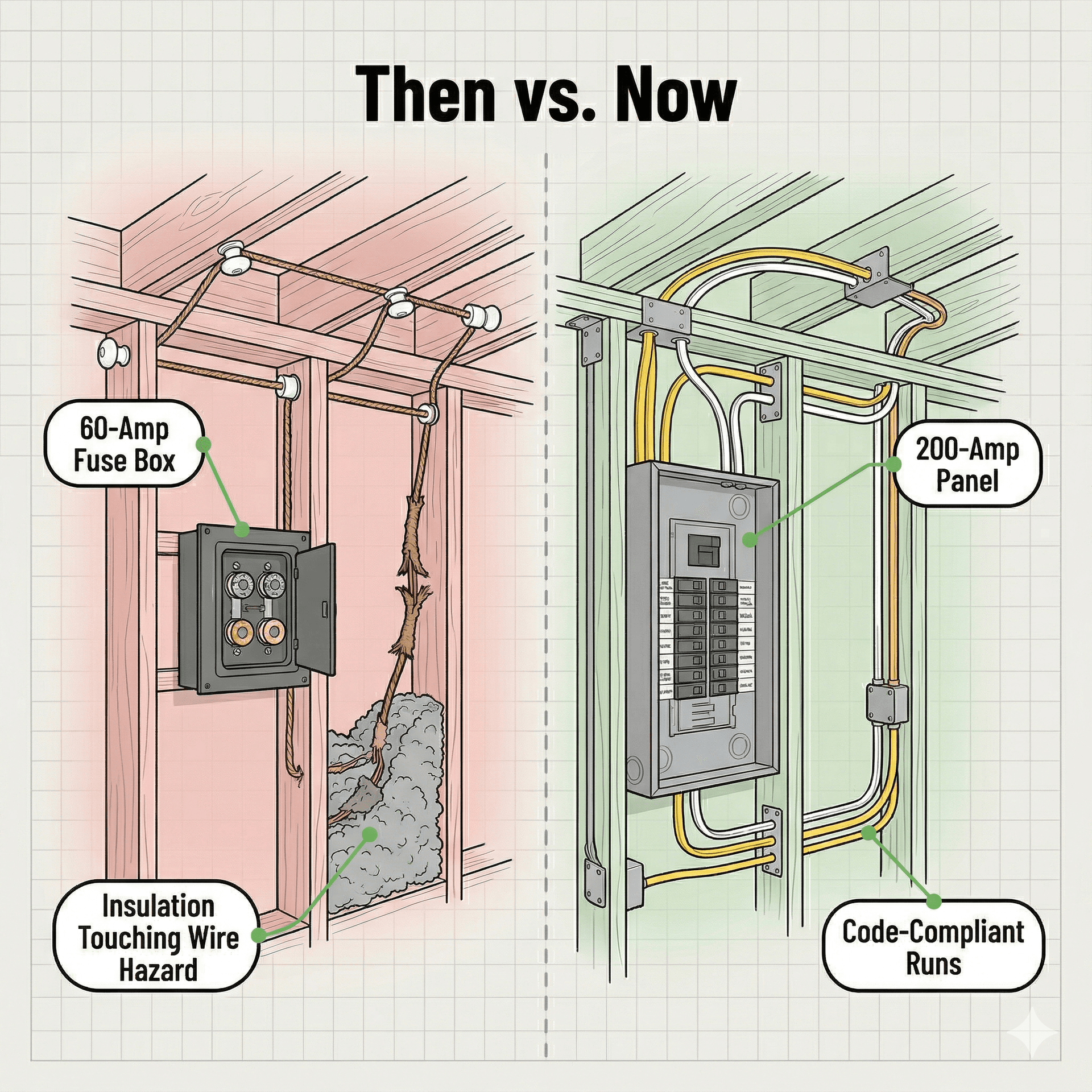 Comparison illustration of original knob-and-tube wiring and 60-amp panel versus modern 200-amp electrical service