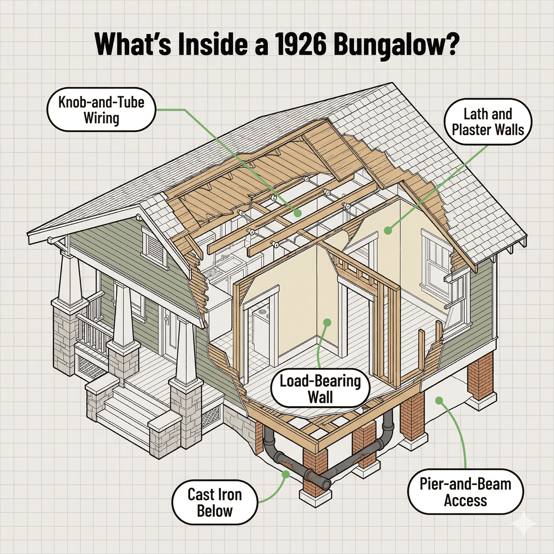 Annotated illustration revealing what's hidden inside the walls of a 1926 Kenwood Craftsman bungalow