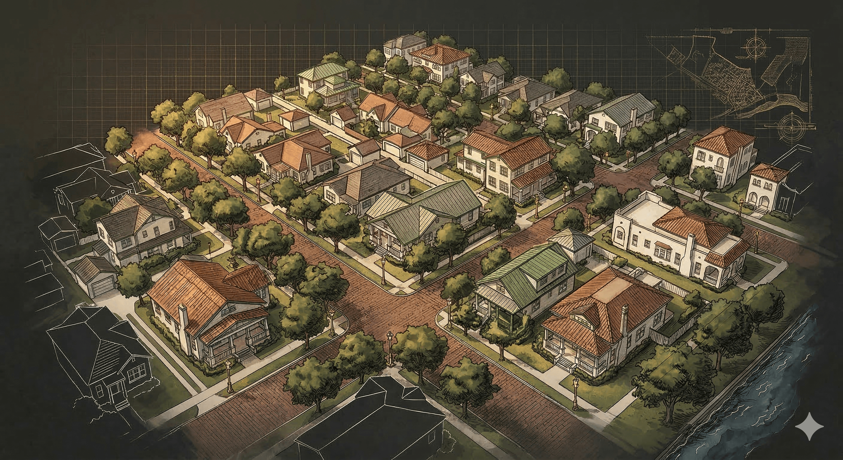 Illustrated aerial view of Old Northeast St. Petersburg neighborhood with historic bungalows and brick streets