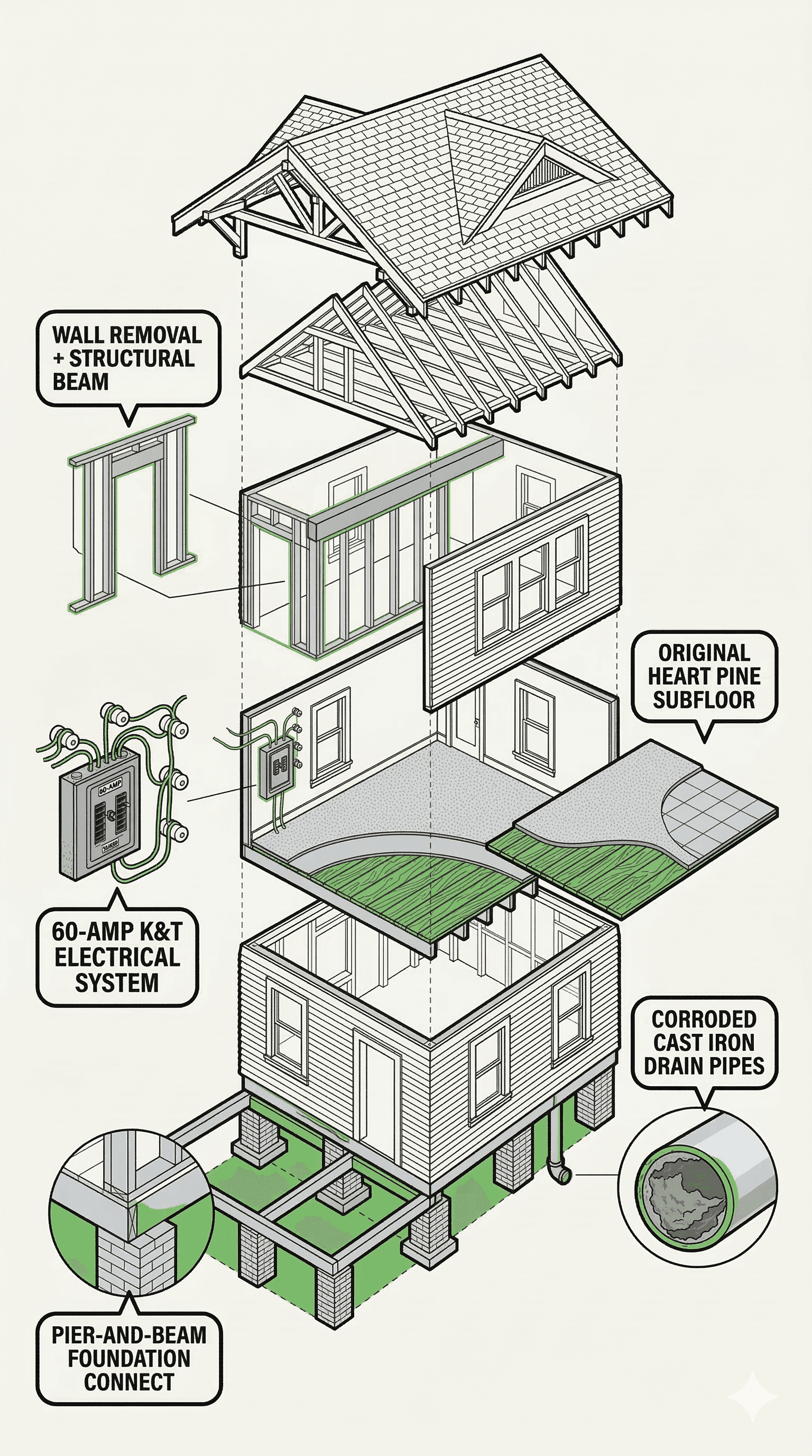 Exploded diagram of a 1920s Old Northeast bungalow showing cast iron pipes, 60-amp electrical, load-bearing walls, and pier-and-beam foundation