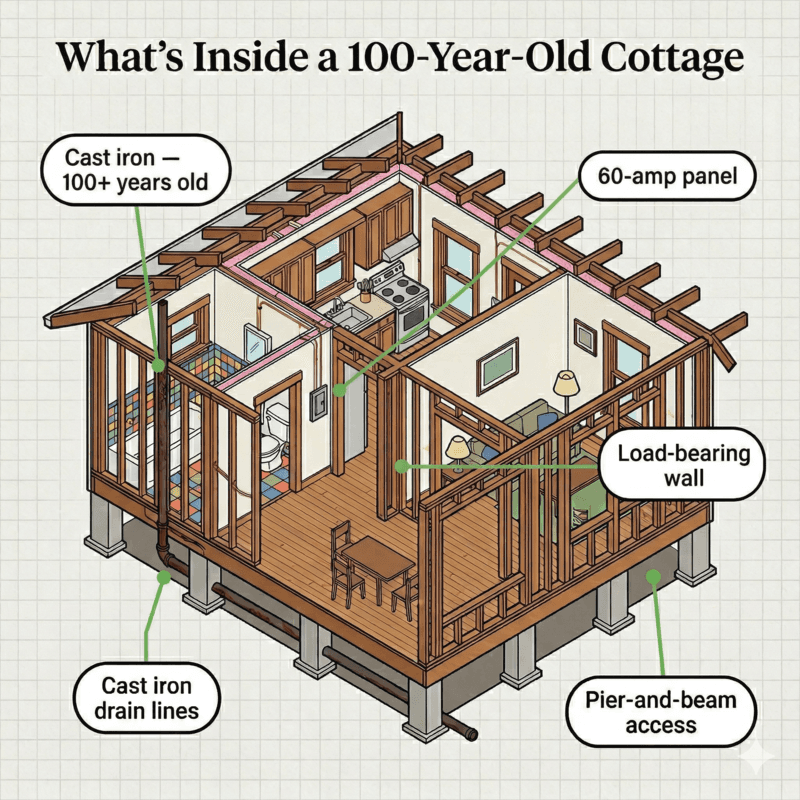 Cutaway illustration of a 100-year-old cottage showing cast iron plumbing, 60-amp panel, load-bearing wall, and pier-and-beam foundation access