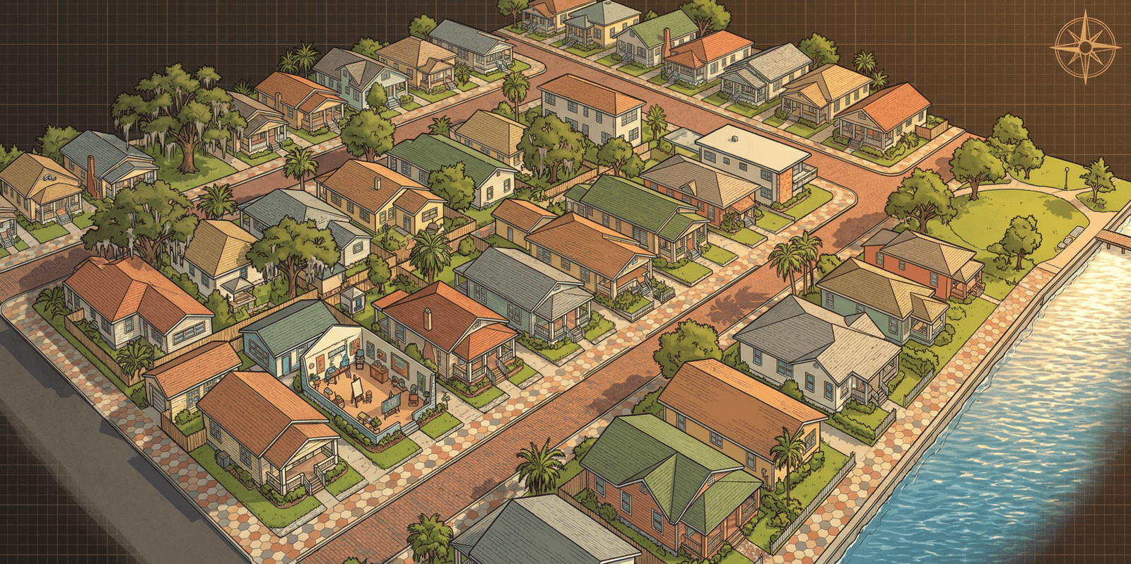 Illustrated aerial view of Old Southeast St. Petersburg neighborhood showing Key West cottages, hex-block sidewalks, and Lassing Park waterfront