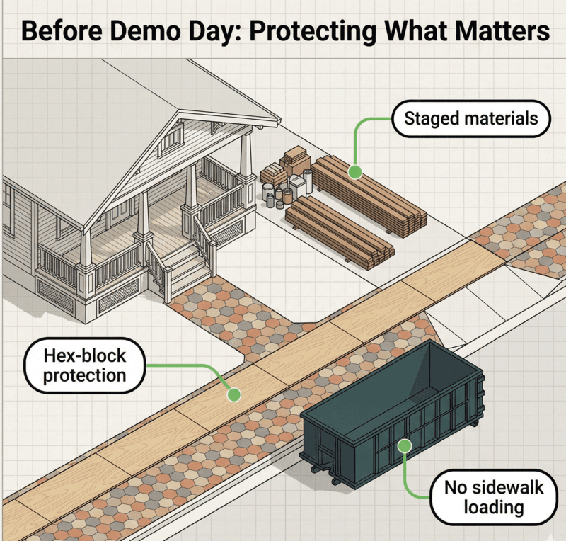 Process illustration showing hex-block sidewalk protection with plywood runway, staged materials on driveway, and dumpster positioned on street