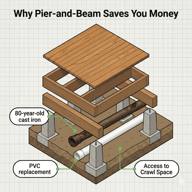 Exploded view illustration showing cast iron pipe replacement through pier-and-beam foundation with crawl space access