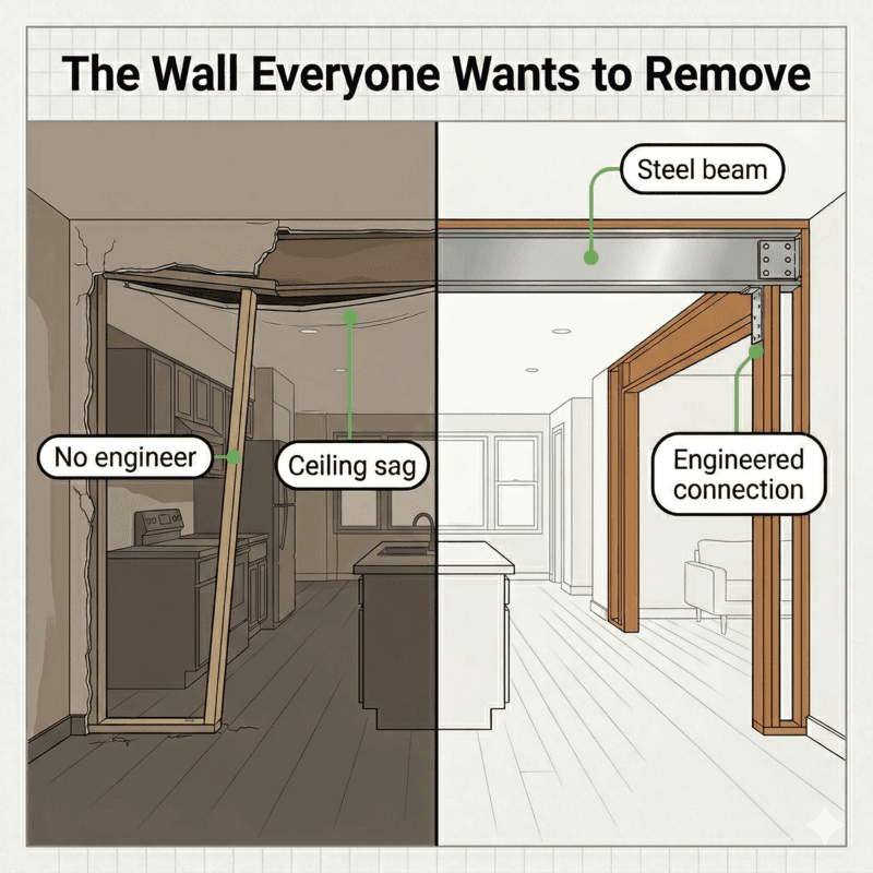 Red flag green flag comparison showing incorrect vs. properly engineered load-bearing wall removal with steel beam