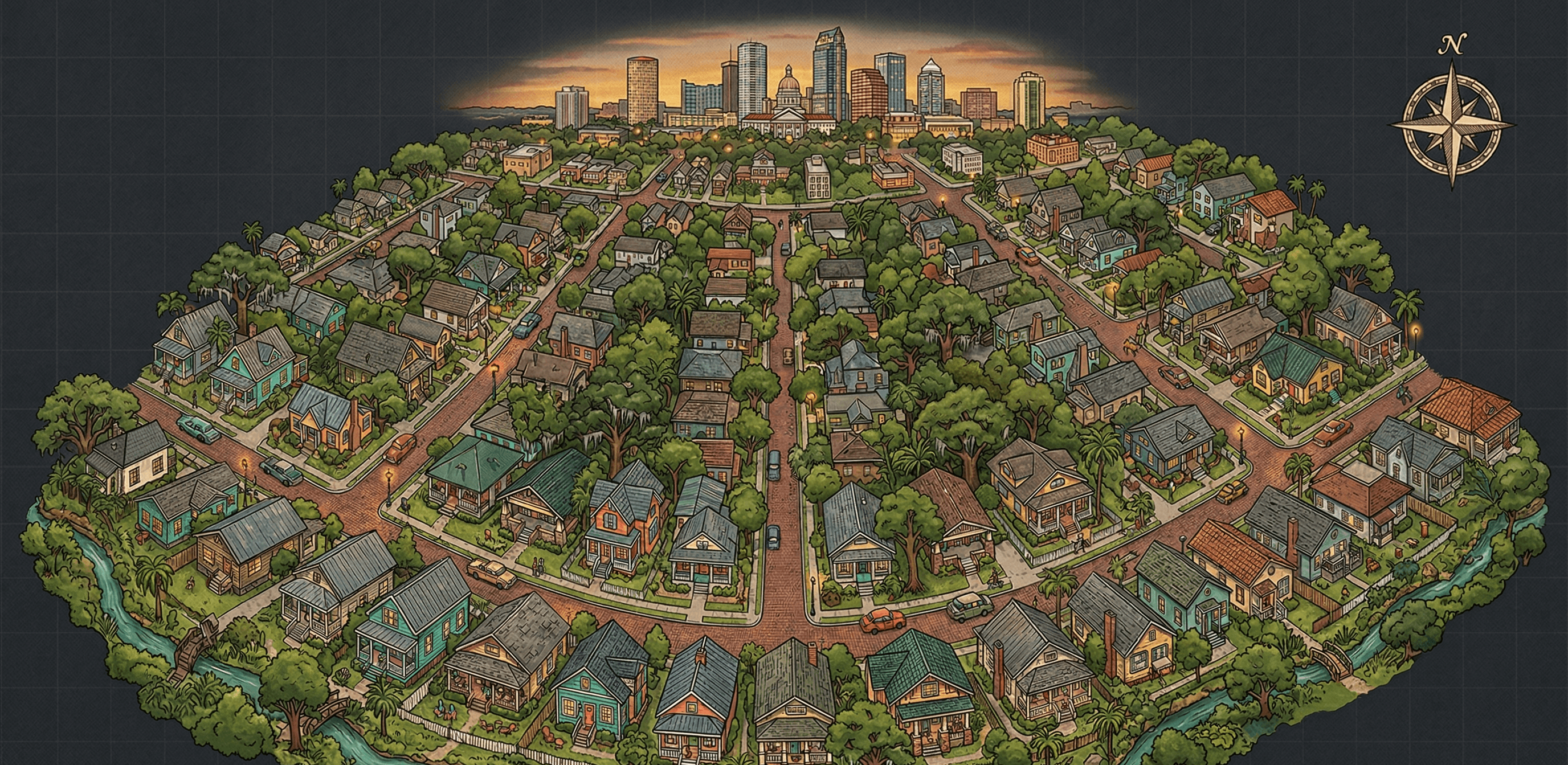 Aerial illustration of Historic Roser Park neighborhood in St. Petersburg showing hilly terrain, Booker Creek, brick streets, and diverse architectural styles including Craftsman bungalows and Mediterranean Revival homes