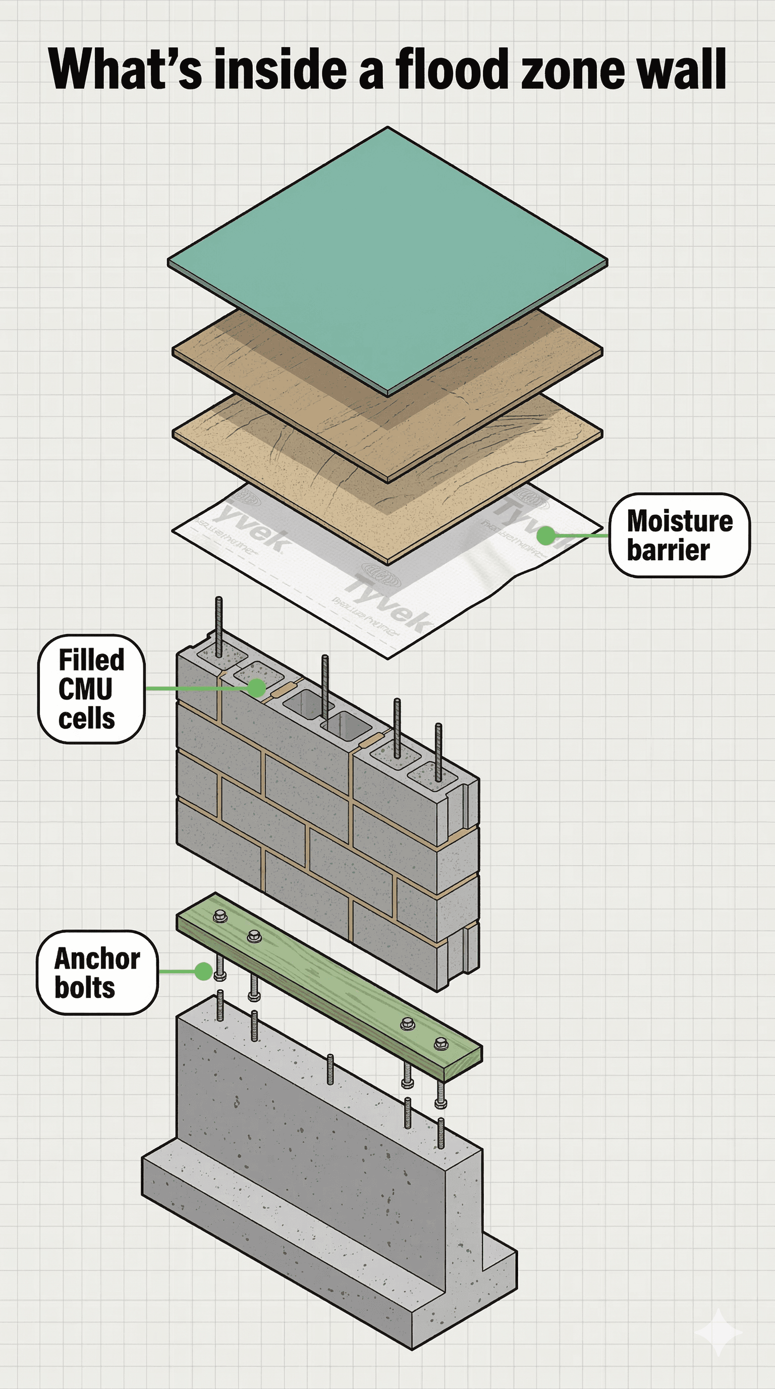 Exploded diagram showing what's inside a flood zone wall: moisture barrier, filled CMU cells, anchor bolts, and concrete foundation