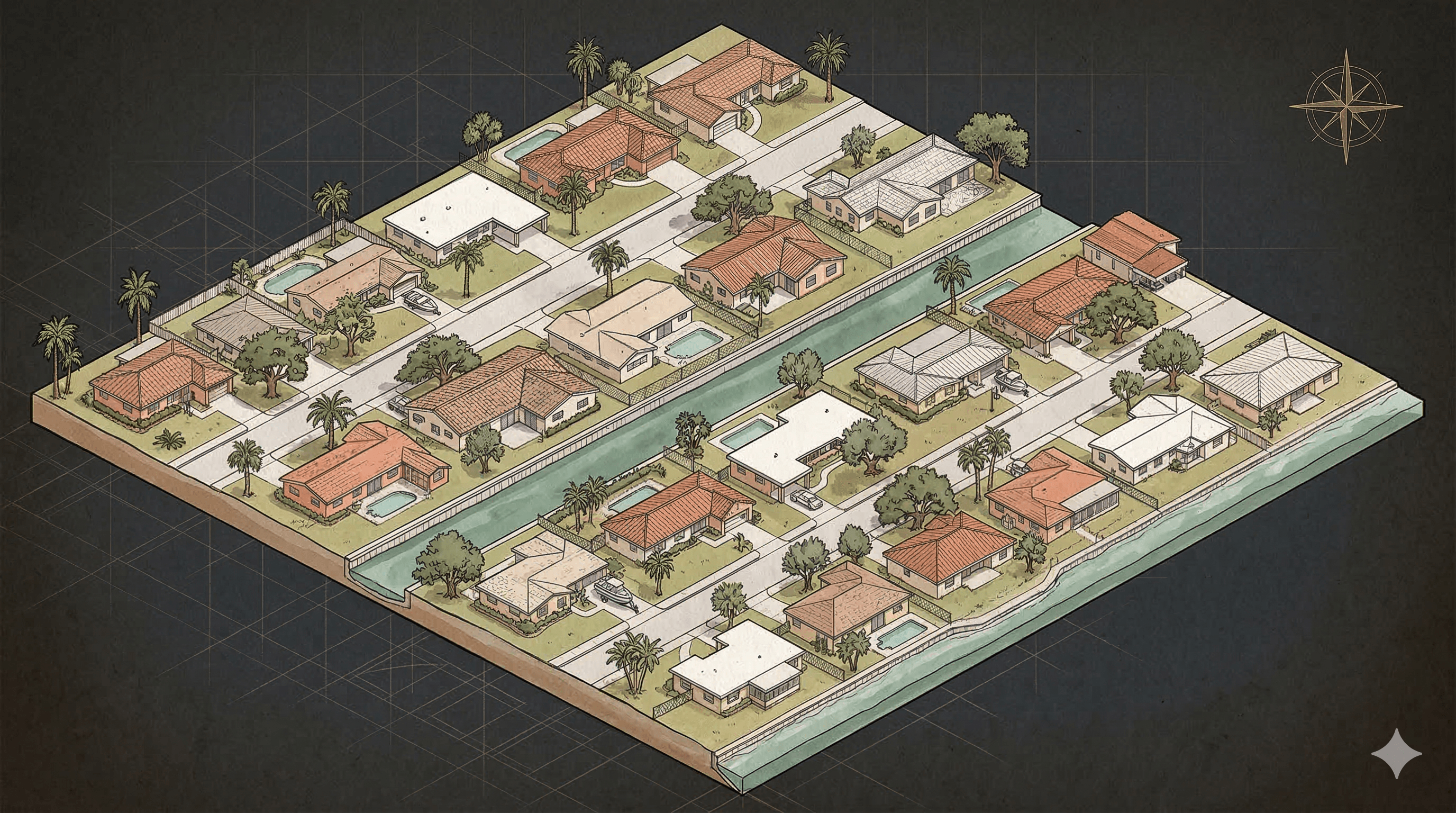 Isometric illustration of Shore Acres neighborhood in St. Petersburg showing residential streets, canals, and Florida homes