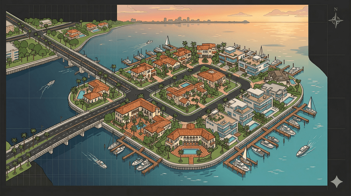 Illustrated aerial view of Snell Isle waterfront neighborhood in St. Petersburg Florida