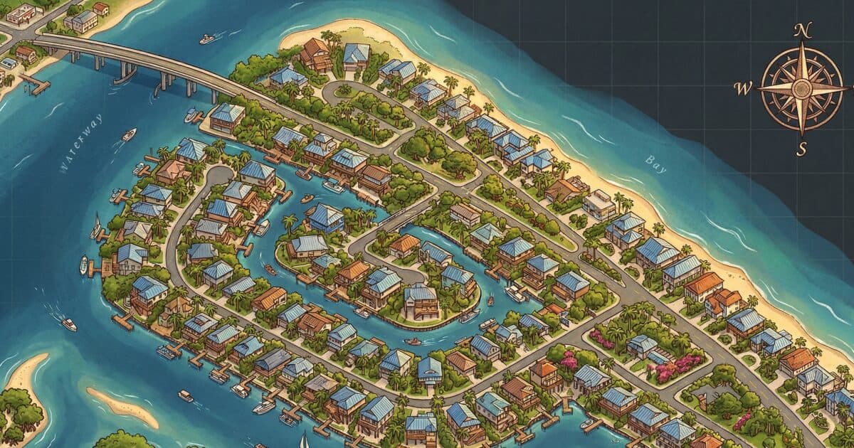 Isometric illustration of Tierra Verde barrier island showing elevated homes on pilings, palm trees, waterfront properties, and causeway bridge access