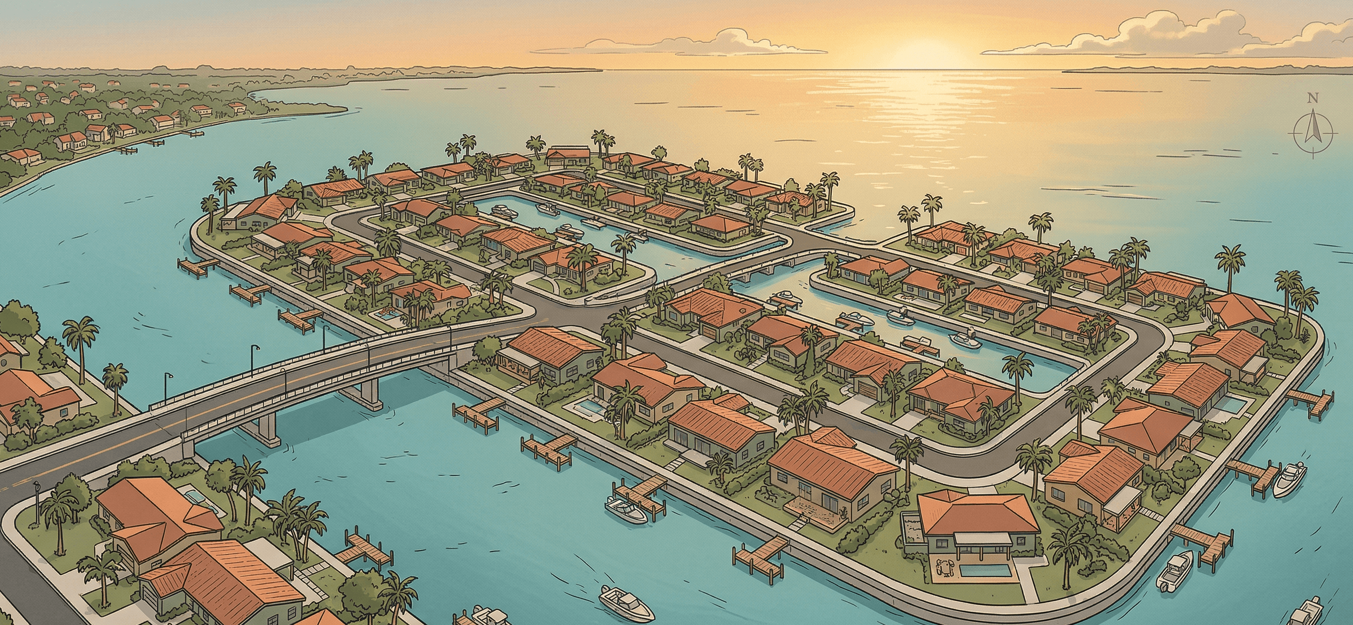 Illustrated aerial view of Venetian Isles neighborhood in St. Petersburg, showing man-made islands with terracotta-roofed homes connected by bridge