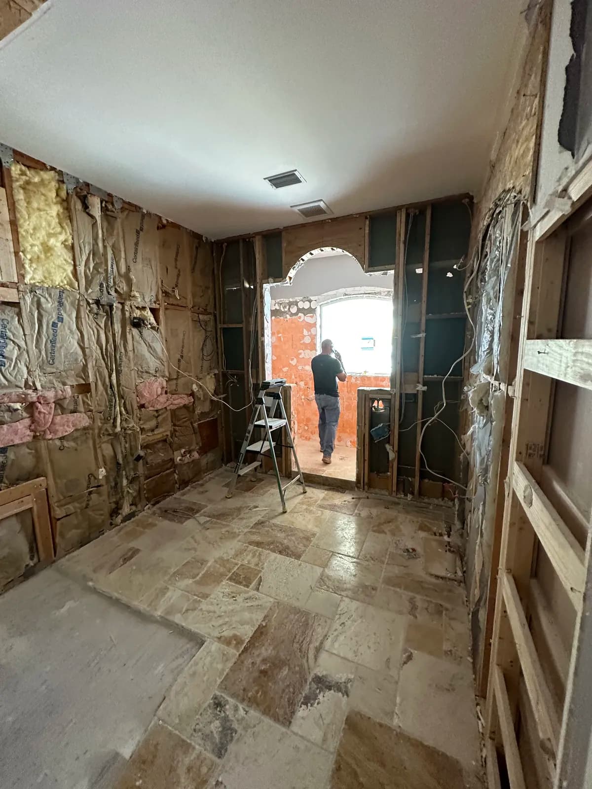 Bathroom walls stripped to studs during waterfront remodel demo