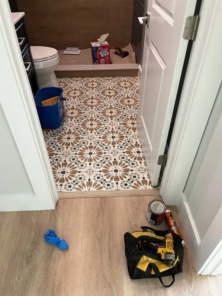 Tile work in progress on bathroom remodel