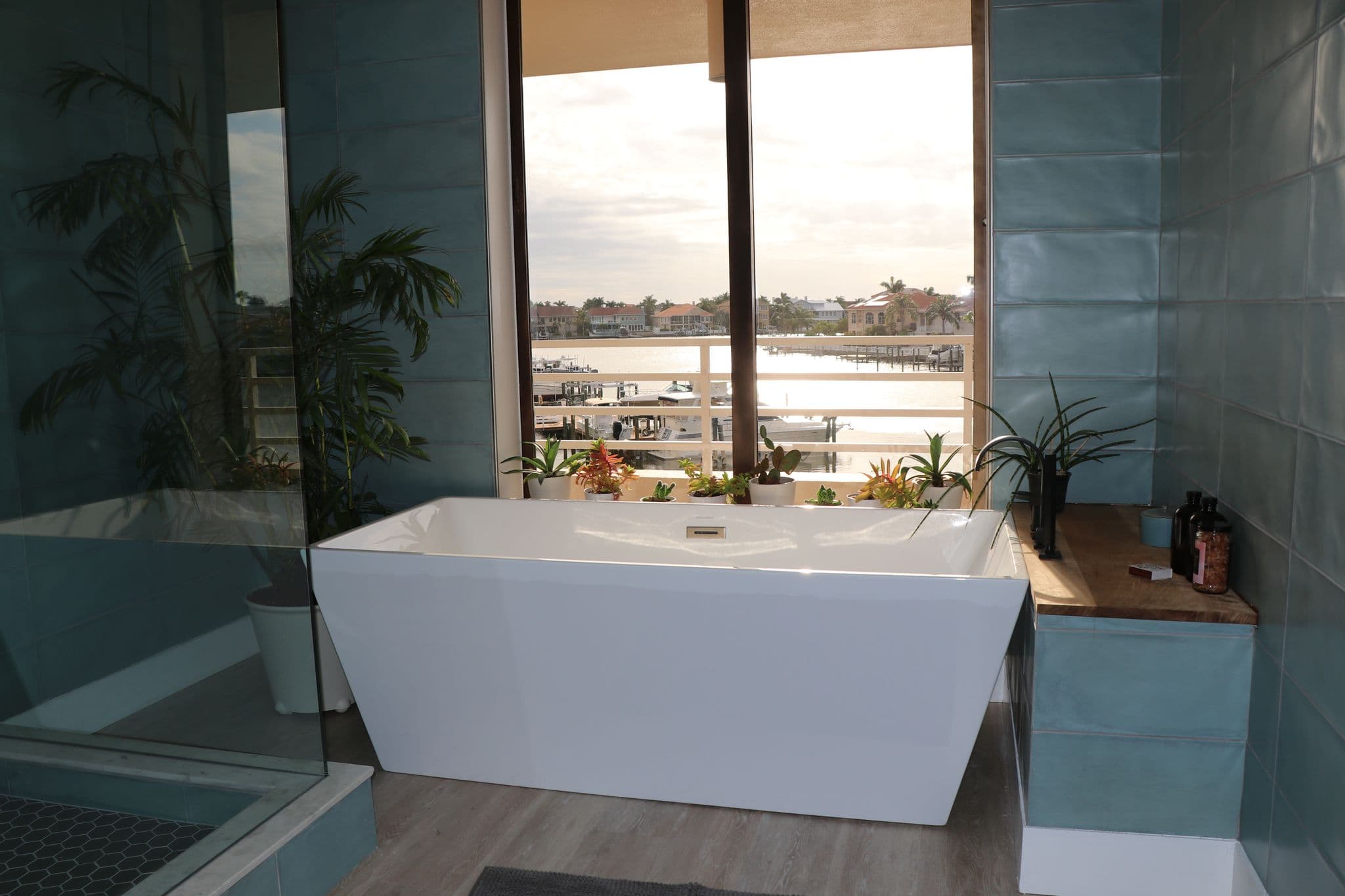 Modernized St. Petersburg Florida bathroom remodel with quartz vanity and walk-in shower